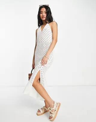 Miss Selfridge crochet maxi halter dress in ivory