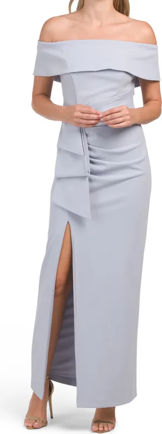Made In Usa Off The Shoulder Draped Gown With Front Slit