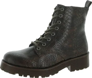 Lotus Womens Faux Leather Embossed Combat & Lace-up Boots