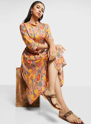 Cut Out Front Slit Printed Dress