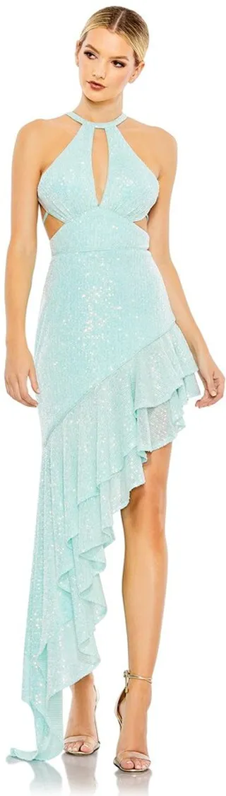 Sequined Halter Cut Out Ruffle Asymmetrical Dress