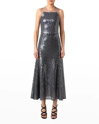 Sequin-Embellished Tulle Illusion Midi Dress