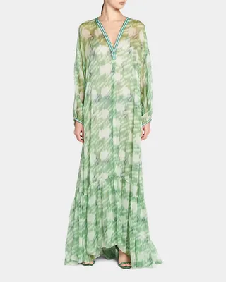 Abstract Leopard Print Semi-Sheer Silk Maxi Dress