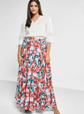 Button Down Shirt & Printed Skirt Set