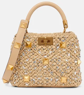 Roman Stud Small raffia tote bag