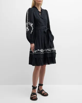 Crystal Embroidered Blouson-Sleeve Midi Dress