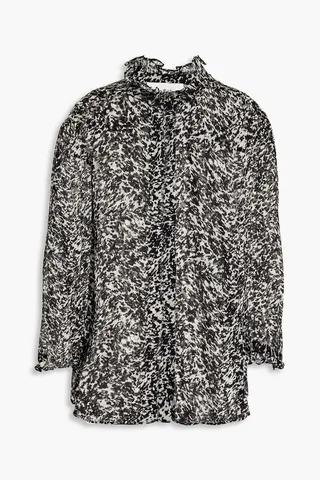 Ruffle-trimmed printed crepon blouse