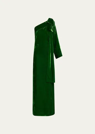 Velvet One-Shoulder Column Gown with Shoulder Bow