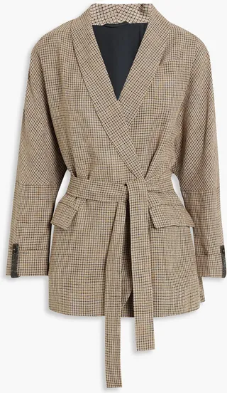 Belted checked linen-blend tweed blazer