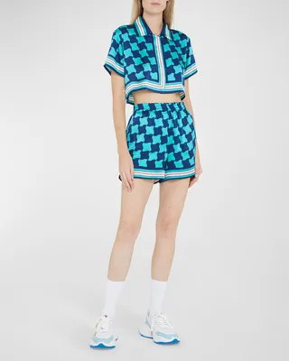 Foulard-Print Cuban-Collared Crop Silk Shirt