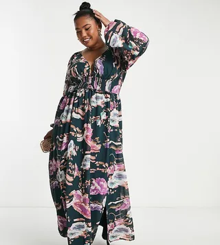 ASOS DESIGN Curve soft shirred waist maxi dress in black based floral