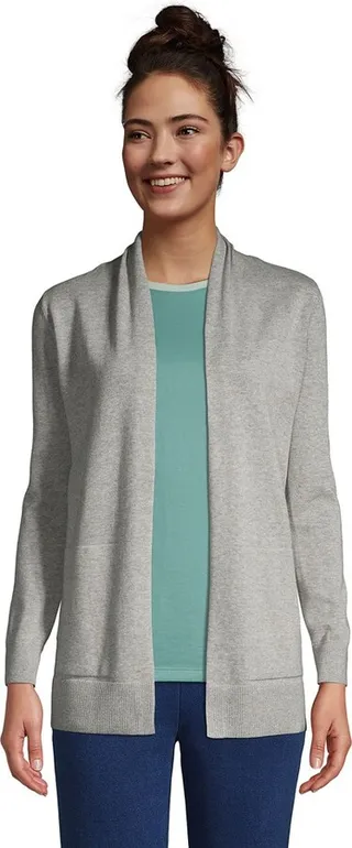 Lands' End Women's Tall Cotton Open Long Cardigan Sweater - Small Tall - Gray Heather