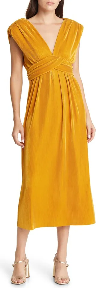 Deep V-Neck Tie Back Plissé Midi Dress