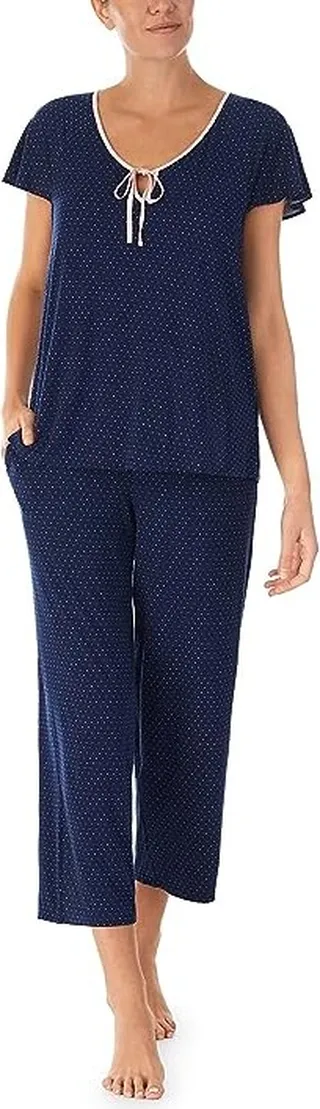 Kate Spade New York Short Sleeve Cropped PJ Set (Navy Pindot) Women's Pajama Sets