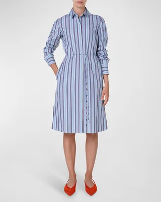 Striped Cinched-Waist Cotton Popeline Shirtdress