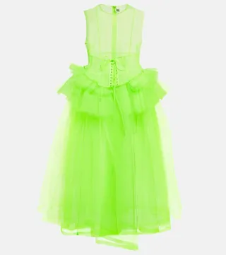 Semi-sheer ruffled tulle midi dress
