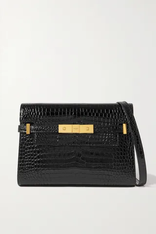SAINT LAURENT - Manhattan Small Croc-effect Patent-leather Shoulder Bag - Black