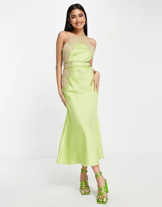 ASOS DESIGN high neck satin lace applique midi dress in green with strappy belt