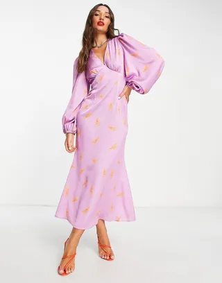 Never Fully Dressed exclusive balloon sleeve maxi dress in orange lobster print