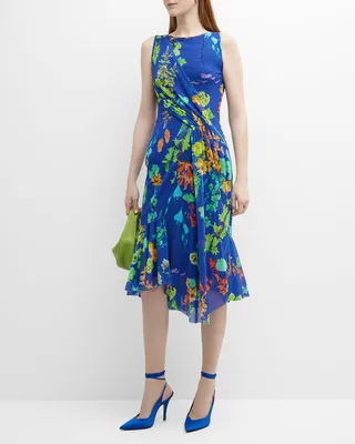 Draped Floral-Print Tulle Midi Dress