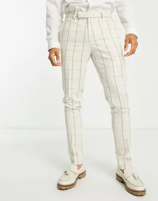 ASOS DESIGN skinny linen mix suit pants in ecru and brown grid check