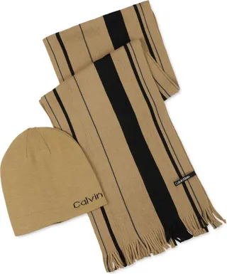 Calvin Klein Men's Reversible Beanie & Striped Scarf Set