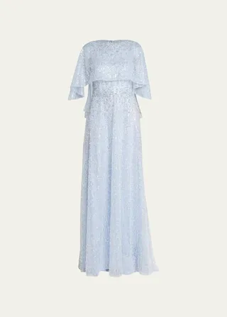 Beaded Mesh Capelet A-line Gown