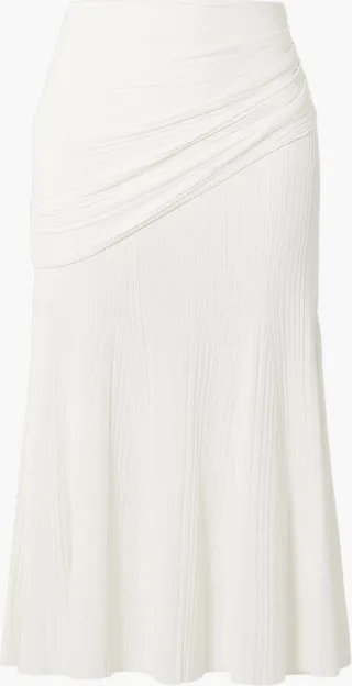 Draped ribbed-knit midi skirt