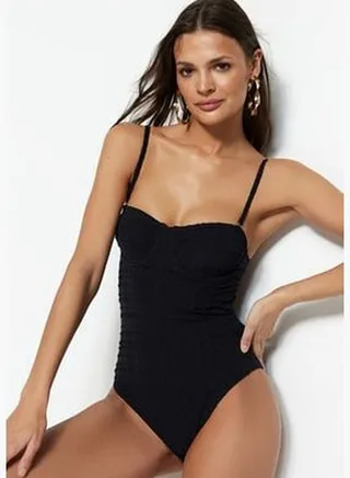 Black Balconette Textured Swimsuit TBESS23MA00102