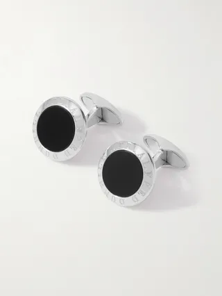 Logo-Engraved Silver-Tone Onyx Cufflinks