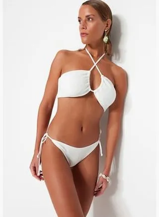 White Tied Textured Bikini Bottoms