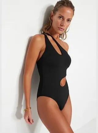 Black One Shoulder Cut Out/Windowed Regular Leg Swimsuit TBESS23MA00276