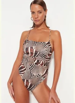 Animal Print Square Collar, Pleated Regular Leg Swimsuit TBESS23MA00368