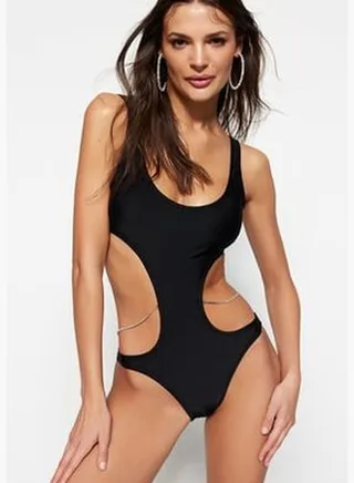 Black Round Neck High Leg Swimwear With Beads Accessory TBESS23MA00092