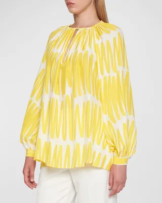 Abstract-Print Gathered Keyhole Silk Blouse