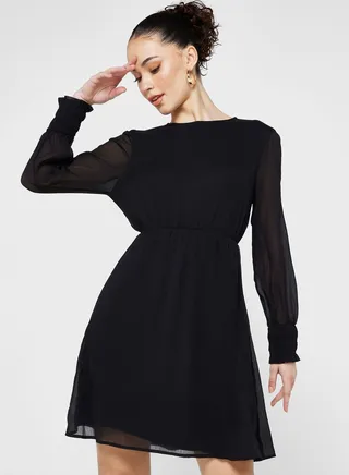 Shirred Cuffed Tiered Dress