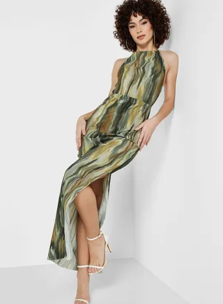 Halter Neck Printed Plisse Dress