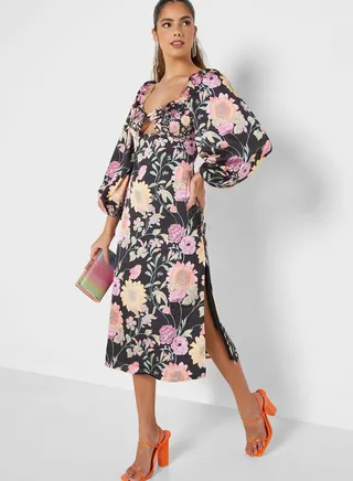 Puff Sleeve Floral Sweetheart Neck Dress
