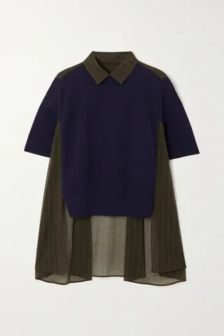 Sacai - Paneled Cape-effect Cotton And Cotton-blend Poplin Polo Top - Blue