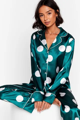 Nasty Gal Womens Polka Dot Satin Pants Pajama Set