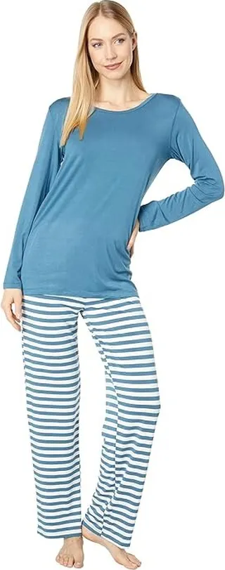 Kickee Pants Long Sleeve Loosey Goosey Tee Pants PJ Set (Nautical Stripe) Women's Pajama Sets