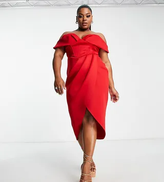 ASOS DESIGN Curve off-shoulder corset midi dress in red