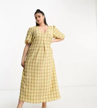 ASOS DESIGN Curve textured midi tea dress in yellow check