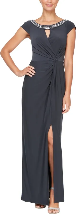 Beaded Keyhole Neck Jersey Gown