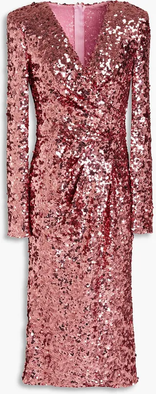 Wrap-effect sequined stretch-mesh midi dress