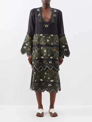 Tiziana Plunge-neck Layered Linen Midi Dress