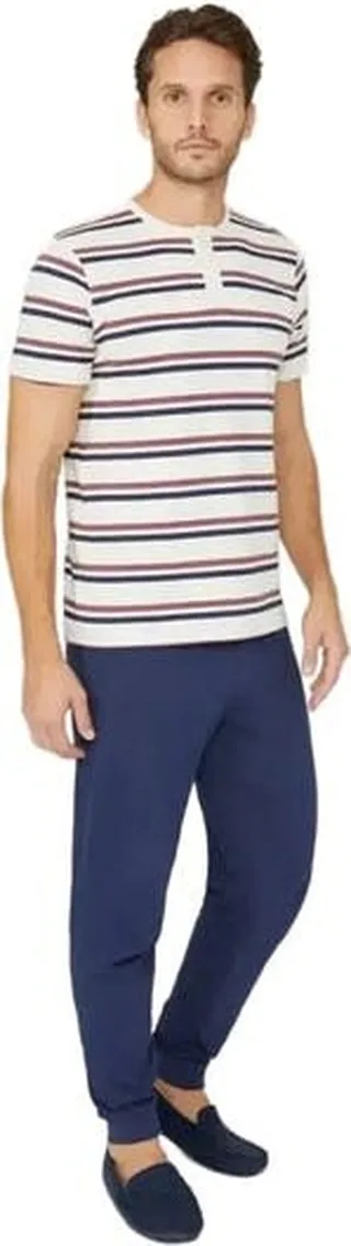Debenhams Mens Grandad Striped Jersey Long Pyjama Set - White