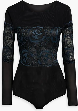 Lace-paneled stretch-mesh bodysuit