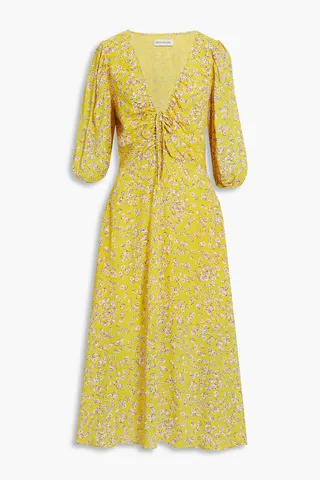 Danielle lace-up ruched floral-print crepe midi dress