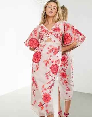 ASOS EDITION embroidered organza midi dress with puff sleeves